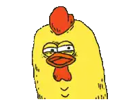 a yellow chicken with a red rooster on its head .