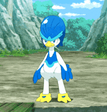 a cartoon duck with a blue helmet and yellow feet