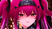 a close up of a pink haired anime girl wearing a crown and earrings .