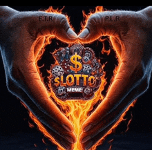 a pair of hands making a heart shape with flames around a logo for slotto meme