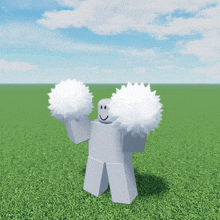 a roblox character is holding two white pom poms