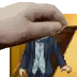 a pixel art of a man in a suit and tie with a hand covering his head .
