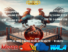 two roosters are fighting in a boxing ring with the words meron vs wala