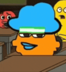 a cartoon character wearing a blue hat and sunglasses is sitting at a desk .
