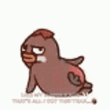 a cartoon chicken with a red head and a yellow beak is sitting on a white surface .