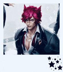 a man with pink hair is wearing a tuxedo and tie