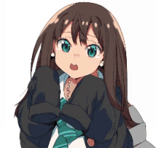 a girl with long brown hair and green eyes is wearing a black jacket and a green tie