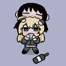 a cartoon of a girl with a bottle of wine on the ground