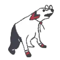 a pixel art drawing of a dog wearing a collar and boots .