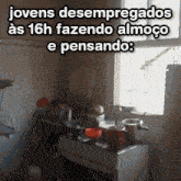 a kitchen with the words " jovens desempregados " above it