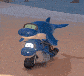 a blue whale is riding a motorcycle on the beach