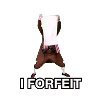 a man in a brown suit is holding a white flag and the words i forfeit are below him