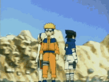 naruto and sasuke are standing next to each other in front of a mountain