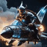 a man in a helmet and armor is flying on a rocket