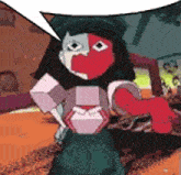 a cartoon character with a red and white face and a speech bubble above her head .
