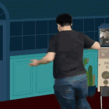a man standing in front of a machine that says milk