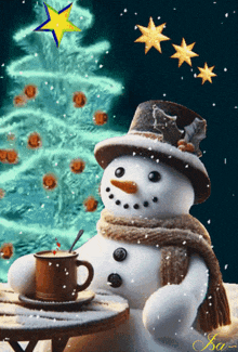 a snowman is sitting at a table with a cup of coffee