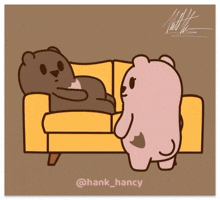 a cartoon of two bears sitting on a couch with the name hank_hancy