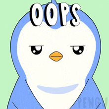 a blue and white penguin with the word oops on its head
