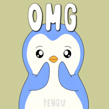a penguin with the word omg written on it