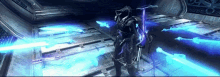 a video game character with a sword and shield is surrounded by blue lights