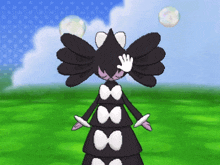 a black and white cartoon character with bows on her clothes