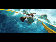 a cartoon character is flying over a body of water .