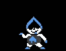 a pixel art drawing of a person in a blue and white suit on a black background .