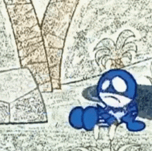 a drawing of a blue cartoon character sitting on the ground