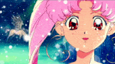 a girl with pink hair and red eyes is looking at something