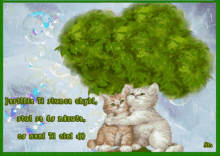 a picture of two kittens hugging with bubbles in the background and a tree in the background