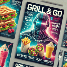 a poster for a restaurant called grill & go with a robot on the cover