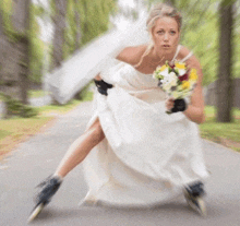 a woman in a wedding dress is rollerblading