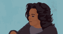 a cartoon drawing of a woman with dark hair and a blue background