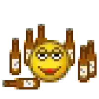 a pixel art smiley face is surrounded by beer bottles .
