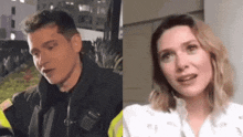 a man and a woman are standing next to each other . the man is wearing a fireman 's jacket .