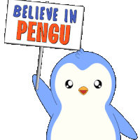 a cartoon penguin holds up a sign that says believe in pengu