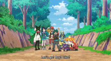 a group of pokemon are standing on a dirt road with the words let 's go roy liko