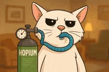 a cartoon cat is holding a bottle of hopium