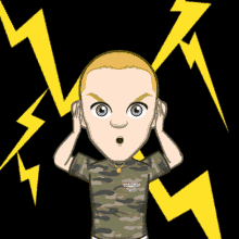 a cartoon of a man covering his ears with his hands and a lightning bolt behind him