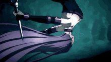 a woman with purple hair is holding a sword in her hand