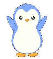 a blue and white penguin with an orange beak and feet