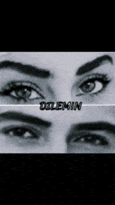 a close up of a woman 's eyes with the word dilemin below them