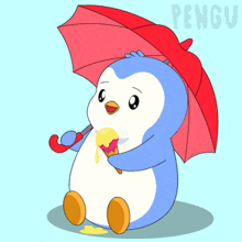 a penguin holding a red umbrella and eating an ice cream cone