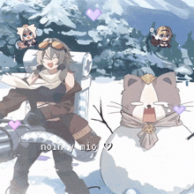 a cartoon drawing of a girl and a snowman with the words " noin y mig " in the bottom right corner