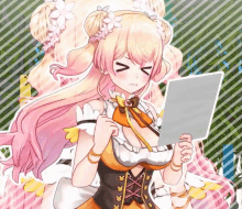 a girl with pink hair is holding a piece of paper with a striped background