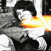 a black and white drawing of a person with a sign in the background that says " kyo "