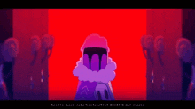 a purple and pink anime character is standing in front of a red background .