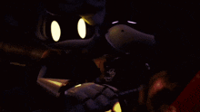 a shadow the hedgehog is holding another hedgehog 's hand in a dark room