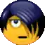 a pixel art of a yellow smiley face with black hair and a serious look on his face .